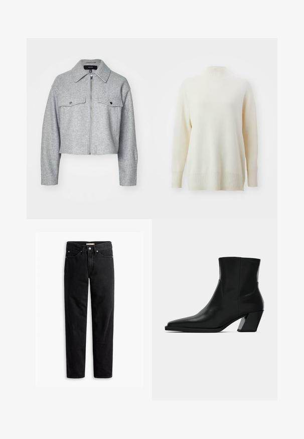 Beskåret grå jakke lavet af blødt stof, med en lynlås foran, to brystlommer med trykknaplukninger og en spids krave.; Cremefarvet turtleneck sweater med ribbede krave og manchetter. Blød tekstur, løs pasform og slidser i sømmen. Lavet af et let stof.; Sorte straight-leg jeans med knap- og lynlåslukning, bæltestropper samt for- og baglommer, vist fladt på hvid baggrund.; Sortlæder ankelstøvle med spids tå, en slank silhuet og en kraftig firkantet hæl. Glat tekstur med minimale stikninger.