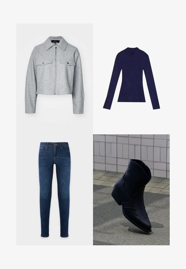 Veste grise cintrée en tissu doux, avec une fermeture éclair à l'avant, deux poches poitrine avec fermetures à pression et un col pointu.; Pull en cachemire bleu marine avec col roulé et manches longues. Présente un design ajusté et une texture douce. Fabriqué à partir d'un matériau extensible.; Jean skinny bleu foncé à cinq poches, fermeture à bouton et délavage minimal sur les cuisses, présenté sur un fond uni.; Bottine en cuir noir avec un petit talon, couture décorative et bout pointu, positionnée debout sur une surface pavée à côté d’un mur carrelé.
