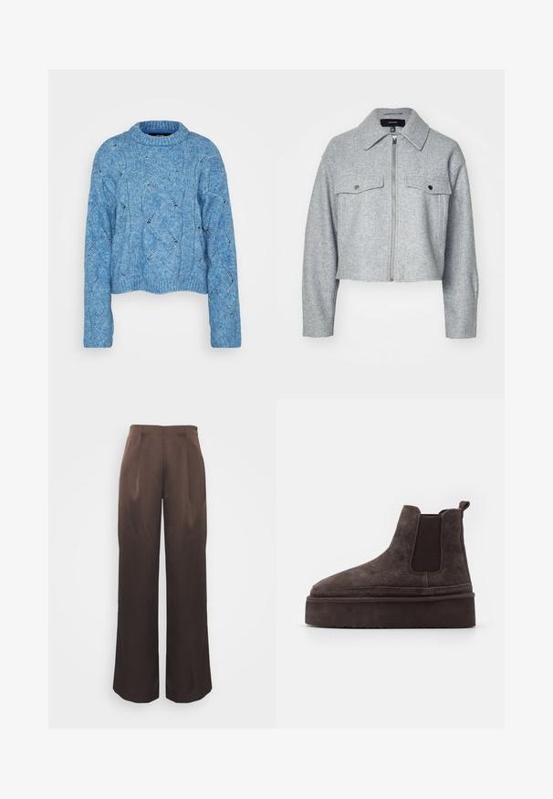 Veste grise cintrée en tissu doux, avec une fermeture éclair à l'avant, deux poches poitrine avec fermetures à pression et un col pointu.; Vero Moda Tall VMLINA O NECK - Pullover - allure melange; Anna Field Tall Pantalon classique - brown; Bottes Chelsea en suède marron avec des panneaux latéraux élastiques et une semelle épaisse et texturée. Elles comportent une languette au talon pour un enfilage facile.