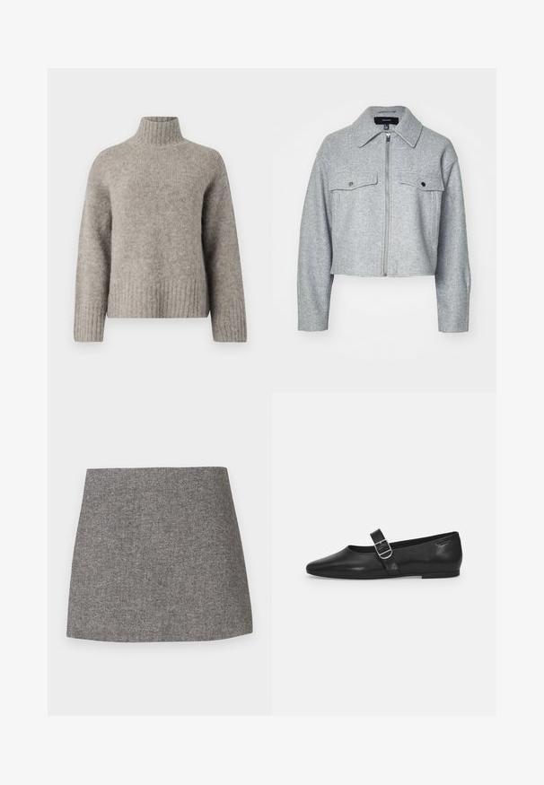 Lühendatud hall jakk pehmest kangast, mis on varustatud ees oleva lukuga, kahe klõpsuga rinna taskuga ja terava kraega.; Helehall turtleneck-sviiter, mis on valmistatud pehmest ja tekstureeritud kangast. Omab ribakäiseid ja -ääri, lahedat istuvust ning minimalistlikku disaini.; Herringbone-mustriga seelik hallist kangast, millel on keha järgnev siluett, sile pind ja puhas sirge ääreliist.; Must värvi nahast tasased kingad ümarate varvastega, ühe reguleeritava paelaga ja siledat, läikivat pinda. Minimalistlik disain madala kontsaga.