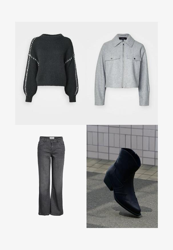 Veste grise cintrée en tissu doux, avec une fermeture éclair à l'avant, deux poches poitrine avec fermetures à pression et un col pointu.; Vero Moda VMFENG O NECK - Pullover - asphalt; Jean large en denim gris foncé. Caractéristiques : taille haute, design traditionnel à cinq poches et ourlet net sans embellissements.; Bottine en cuir noir avec un petit talon, couture décorative et bout pointu, positionnée debout sur une surface pavée à côté d’un mur carrelé.