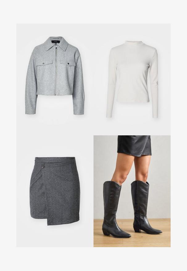Gekürzte graue Jacke aus weichem Stoff, mit einem Reißverschluss vorne, zwei Brusttaschen mit Druckknopfverschlüssen und einem spitzen Kragen.; Langärmliges, hellbeiges, geripptes Oberteil mit Stehkragen und glatter Textur, das eine figurbetonte Form und minimale Designakzente aufweist.; Grau gemusterter Wickelrock aus strukturiertem Wollstoff, mit einem einzelnen Knopfverschluss an der Taille und einem asymmetrischen Saum.; Schwarze knielange Stiefel aus glattem Leder, mit spitzem Zehenbereich, niedrigem Blockabsatz und seitlichem Reißverschluss für ein einfaches Anziehen.