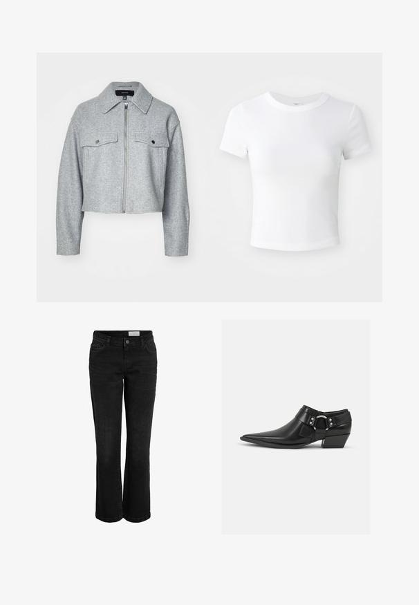 Gekürzte graue Jacke aus weichem Stoff, mit einem Reißverschluss vorne, zwei Brusttaschen mit Druckknopfverschlüssen und einem spitzen Kragen.; Weißes, kurzärmeliges, cropped T-Shirt mit Rundhalsausschnitt, auf einem neutralen, hellen Hintergrund präsentiert.; Schwarze Jeans aus Denim mit schmaler Flared-Form, fünf Taschen und einem Knopfverschluss. Verfügt über dezente Nähte und einen klassischen Bund.; Schwarze Leder-Ankle-Boots mit spitzem Zeh, ausgestattet mit einem vorderen Leder-Riemen und einem silbernen Schnallendetail sowie einem niedrigen Blockabsatz.