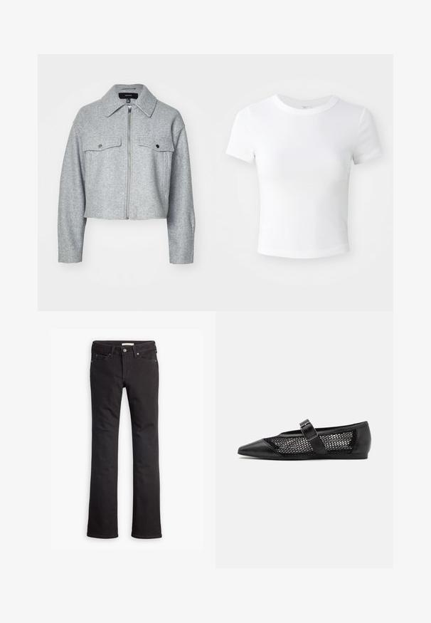 Veste grise cintrée en tissu doux, avec une fermeture éclair à l'avant, deux poches poitrine avec fermetures à pression et un col pointu.; T-shirt courte à manches courtes, blanche, avec un col rond, présentée sur un fond neutre et lumineux.; Jean noir en denim, avec une coupe droite, taille standard, cinq poches et des détails de couture subtils.; Chaussure plate noire avec un bout pointu, panneaux latéraux en maille et une sangle avec une boucle décorative. Fini lisse sur les sections du bout et du talon.