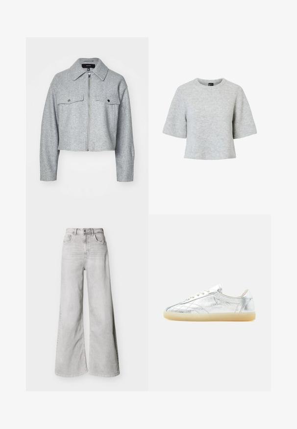Veste grise cintrée en tissu doux, avec une fermeture éclair à l'avant, deux poches poitrine avec fermetures à pression et un col pointu.; Pull gris à manches courtes en tissu tricoté texturé, doté d'un col rond et d'une coupe courte. Aucun motif ni accent visible.; Jeans larges gris clair en jean, avec une taille haute, des poches avant et une fermeture à boutons. Texture lisse avec un léger aspect délavé.; Basket basse profil avec dessus texturé argent métallisé, lacets blancs et semelle en caoutchouc beige semi-translucide, vue de côté sur fond blanc.