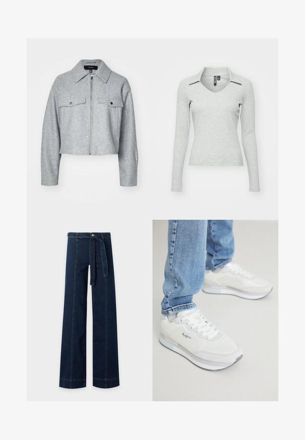 Veste grise cintrée en tissu doux, avec une fermeture éclair à l'avant, deux poches poitrine avec fermetures à pression et un col pointu.; Haut gris clair à manches longues, en V avec col, fabriqué dans un tissu doux et texturé, présentant une coupe ajustée et un minimum de détails.; Pantalon en denim bleu foncé à jambes larges avec coutures sur le devant et ceinture assortie nouée à la taille.; Baskets de sport blanches avec une finition lisse et texturée, dotées de lacets et d'une semelle en caoutchouc grise. Complétées par un jean bleu clair et ajusté.