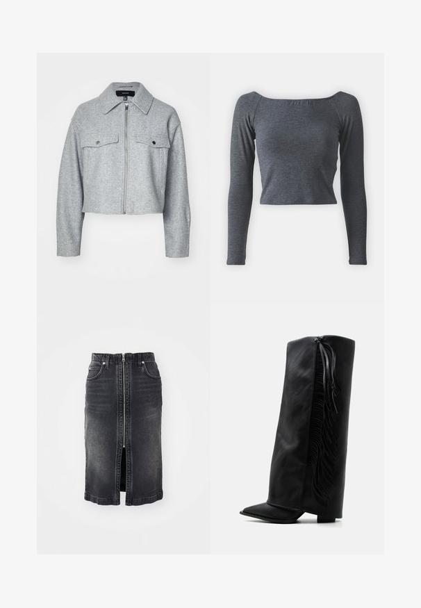 Beskåret grå jakke lavet af blødt stof, med en lynlås foran, to brystlommer med trykknaplukninger og en spids krave.; Grå, langærmet, cropped top lavet af blødt stof med firkantet halsudskæring og tætsiddende design. Ingen synlige mønstre eller udsmykninger.; Sort denimnederdel med en frontlynlås, to sidelommer, mellemlangt design og subtilt slid. Har en lige skæring og kantede kanter.; Sort læder knæhøj støvle med spids tå og dekorativ frynse langs ydersiden mod en ensartet hvid baggrund.