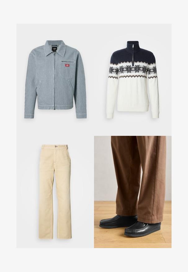 Arbejdsjakke med blå og hvide lodrette striber, fuld lynlås foran, to sidelommer, lynlåslomme på brystet og en rød logopatch.; Strikket sweater med lynlås i halsen, mørkeblå top og hvid krop med et mønster af sorte snefnug og geometriske detaljer.; Khaki bukser med vide ben lavet af blød bomuld, med enkelt knaplukning, frontlommer og synlige stikninger langs sømmene.; Sorte lædersko med mokkasin-design og syningdetaljer, parret med brune bukser, på et trægulv.