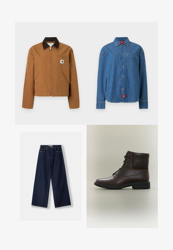 Hnedá bunda Carhartt na zips s tmavohnedým golierom, dvoma prednými vreckami a malou logovou nášivkou na ľavom náprsnom vrecku.; Dlhá modrá rifľová košeľa s gombíkmi vpredu, náprsným vreckom na ľavej strane a červenou nášivkou s logom na spodnom okraji.; Tmavomodré džínsové nohavice so širokými nohavicami, predným zapínaním na gombík a zips, prednými vreckami a pútkami na opasok, položené na bielom pozadí.; Tmavohnedá kožená členková obuv na šnurovanie s čiernou podrážkou a nízkym podpätkom, zobrazená z vonkajšej strany na neutrálnom pozadí.