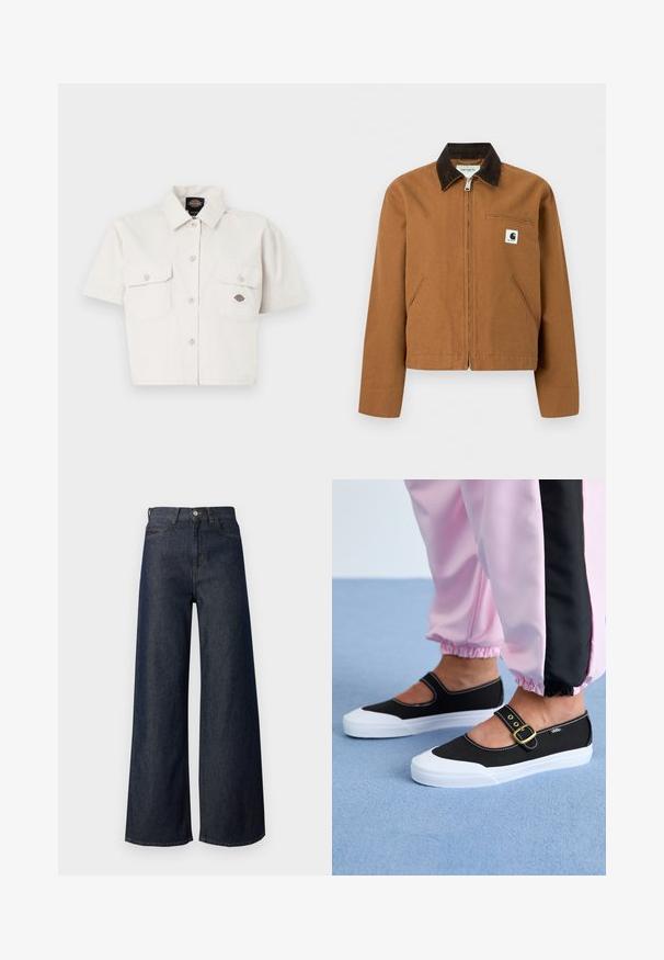 Καφέ ζακέτα Carhartt με φερμουάρ, σκούρο καφέ γιακά, δύο μπροστινές τσέπες και μικρό λογότυπο στο αριστερό στήθος.; Λευκό κοντομάνικο κομμένο πουκάμισο από βαμβάκι με δύο τσέπες στο στήθος, κουμπάκια μπροστά και ένα λογότυπο στην αριστερή τσέπη.; Τζιν παντελόνι με φαρδύ μπατζάκι και ψηλή μέση, με σχέδιο πέντε τσεπών, χρυστό ράψιμο και μεταλλικό κουμπί. Λείο υλικό συνολικά.; Μαύρα καμβά παπούτσια με λευκή σόλα, με σχέδιο κοπής και χρυσό λουρί. Φορεμένα με ροζ φόρμες.