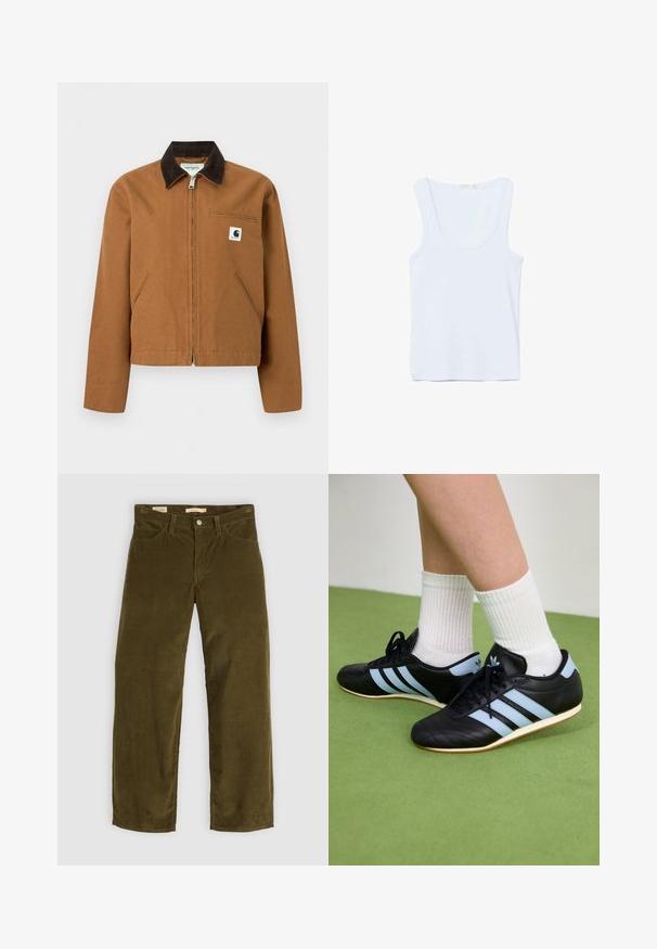 Hnedá bunda Carhartt na zips s tmavohnedým golierom, dvoma prednými vreckami a malou logovou nášivkou na ľavom náprsnom vrecku.; Biele tielko bez rukávov s okrúhlym výstrihom, položeneé na plochu na bielom pozadí.; Olivové kordové nohavice s rovnými nohavicami, s prednými vreckami a gombíkovým zapínaním, s vertikálnou ryhovanou textúrou.; Čierne kožené športové topánky so svetlomodrými pruhmi, textúrovanými zvrškom a gumovou podrážkou, v kombinácii s bielymi rebrovanými ponožkami na zelenej podlahe.