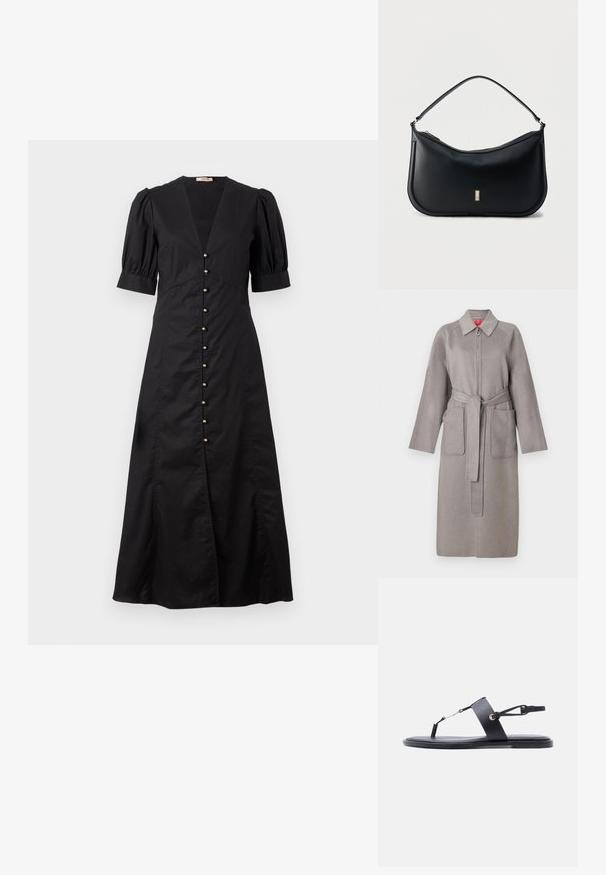 Abrigo gris de lana con cierre frontal de cremallera, grandes bolsillos aplicados y cinturón desmontable. Cuenta con un cuello puntiagudo y mangas holgadas.; Vestido midi negro con escote en V y mangas cortas abullonadas, que presenta una fila de botones dorados en el frente y una abertura delantera.; Sandalia plana negra con una delgada tira en los dedos, una banda ancha en la parte media del pie y una correa ajustable en el tobillo sobre un fondo blanco.; Bolso de hombro de cuero negro con una sola correa, diseño minimalista, fondo curvo y una pequeña placa rectangular dorada con el logo en la parte frontal.