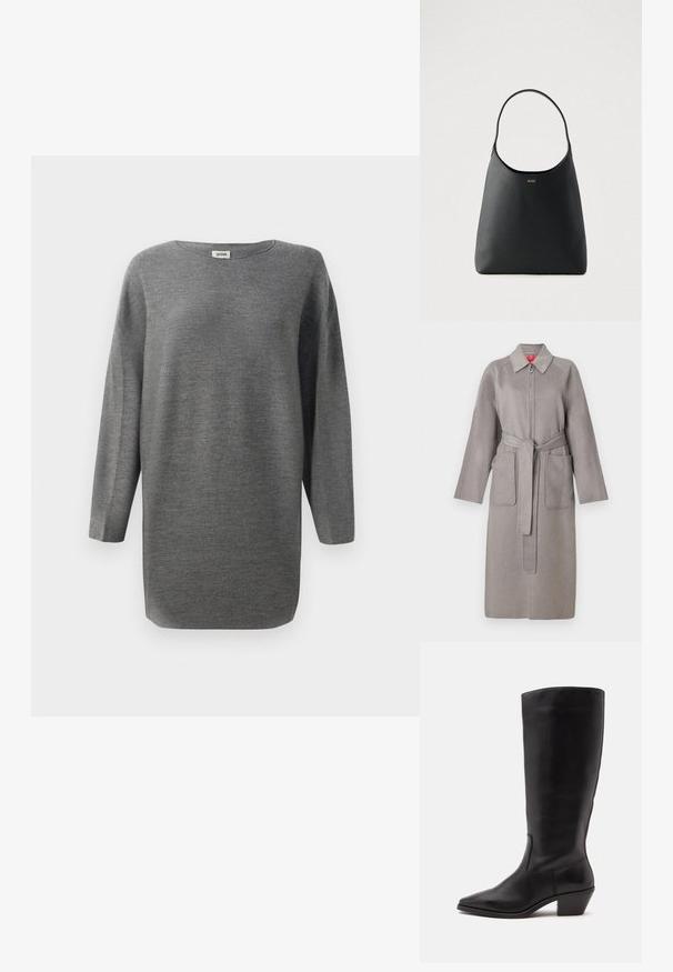 Manteau en laine gris avec fermeture éclair à l'avant, grandes poches plaquées et ceinture amovible. Il présente un col pointu et des manches amples.; Pull en tricot gris à manches longues à coupe loose avec un col rond et un ourlet droit, présenté sur fond blanc.; Botte en cuir noire mi-mollet avec un bout pointu et un talon bas incliné sur un fond clair uni.; Sac à main en cuir noir avec une seule poignée courbée, texture lisse et un logo discret à l'avant. Design minimaliste et intérieur spacieux.