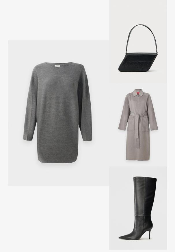 Manteau en laine gris avec fermeture éclair à l'avant, grandes poches plaquées et ceinture amovible. Il présente un col pointu et des manches amples.; Pull en tricot gris à manches longues à coupe loose avec un col rond et un ourlet droit, présenté sur fond blanc.; Botte noire en cuir, hauteur genou, avec bout pointu et talon aiguille fin, texture lisse, profil latéral sur fond neutre.; Sac d'épaule en cuir noir de forme triangulaire, avec un logo embossé et une seule bandoulière réglable. Design minimaliste avec une texture lisse.