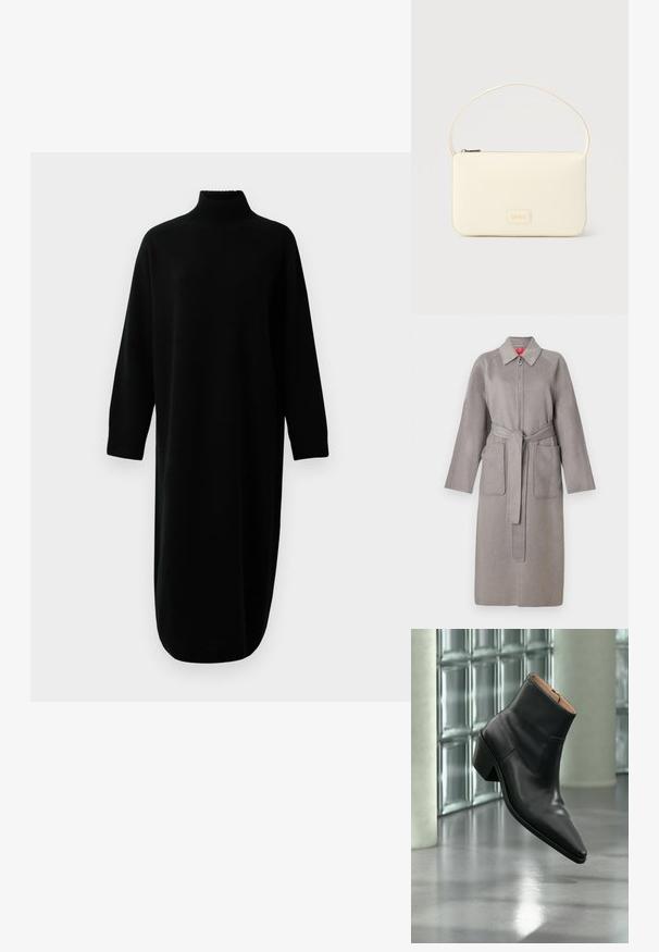 Grå uldfrakke med lynlås foran, store påsyede lommer og aftageligt bælte. Har en spids krave og løstsiddende ærmer.; Sort langærmet turtleneck strikket midikjole med ribbede manchetter og kant, præsenteret mod en ensfarvet hvid baggrund.; Sort læderankelstøvle med spids tå og blokhæl, der svæver over en reflekterende grå gulv nær en væg af glasblokke.; Kremfarvet rektangulær håndtaske med en enkelt rem og lynlås øverst, med en lille præget logo-plakette foran.
