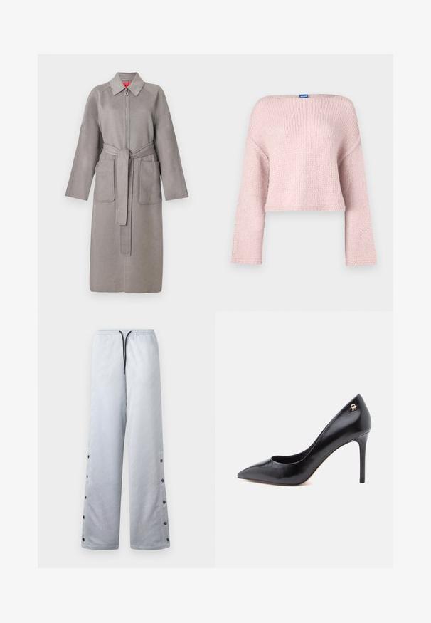 Grå uldfrakke med lynlås foran, store påsyede lommer og aftageligt bælte. Har en spids krave og løstsiddende ærmer.; Pink strikket sweater med en bred bådudskæring, lange ærmer og en cropped pasform. Har en blød tekstur og en lille mærkat i nakken.; Lys grå træningsbukser med en blank overflade, der har en elastisk talje, sort snor og trykknapper langs sidesømmene.; Sort læderpump med høje hæle og spids tå, der har et udskåret design og en lille gulddetalje med logo på hælen.