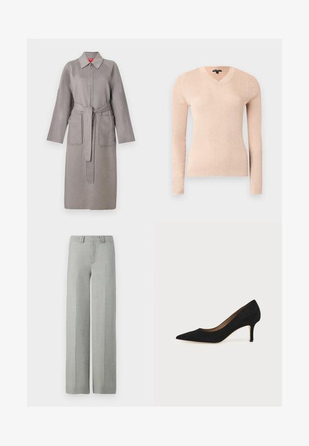 Grå uldfrakke med lynlås foran, store påsyede lommer og aftageligt bælte. Har en spids krave og løstsiddende ærmer.; Lyserød ribbet langærmet sweater med V-udskæring. Fremstillet af blødt materiale, med en figursyet pasform og tekstureret overflade.; Grå bredbensbukser i et letvægtsmateriale, med flad front, bæltehuller og rene, skræddersyede linjer uden synlige mønstre.; Sort ruskind spids tå højhælet pumpe med en slank mellemhøj stilethæl og et lavt snit på en ensfarvet baggrund.