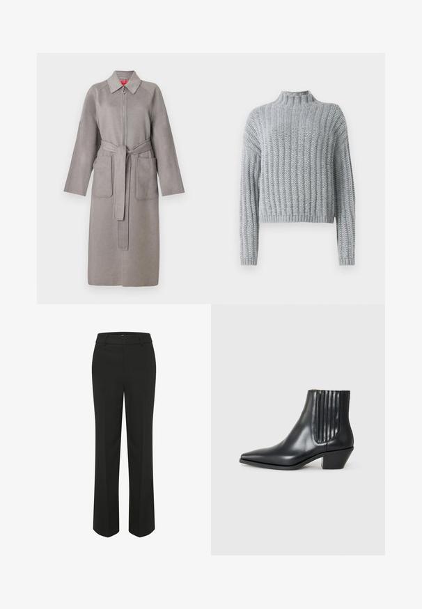 Grå uldfrakke med lynlås foran, store påsyede lommer og aftageligt bælte. Har en spids krave og løstsiddende ærmer.; Lys grå chunky strikket sweater med ribbet mønster, høj hals, lange ærmer og en lidt cropped pasform.; Sorte, vide benbukser med en glat overflade. Har en tætsiddende livlinje og rene, skræddersyede linjer for et minimalistisk design.; Sorte læder ankelstøvle med spids tå, elastiske sidepaneler med lodrette riller og en lav blokhæl. Glat tekstur og slankt design.