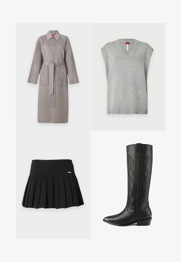 Manteau en laine gris avec fermeture éclair à l'avant, grandes poches plaquées et ceinture amovible. Il présente un col pointu et des manches amples.; Gilet sans manches en tricot gris clair avec col en V et ourlet et encolure côtelés, présenté sur fond blanc.; Jupe plissée noire en tissu léger, dotée d'une ceinture plate et d'un petit logo métallique sur le côté gauche avant.; Des bottes noires en cuir hautes présentent un bout pointu, un talon carré et des coutures décoratives avec des lignes entrelacées le long de la tige.