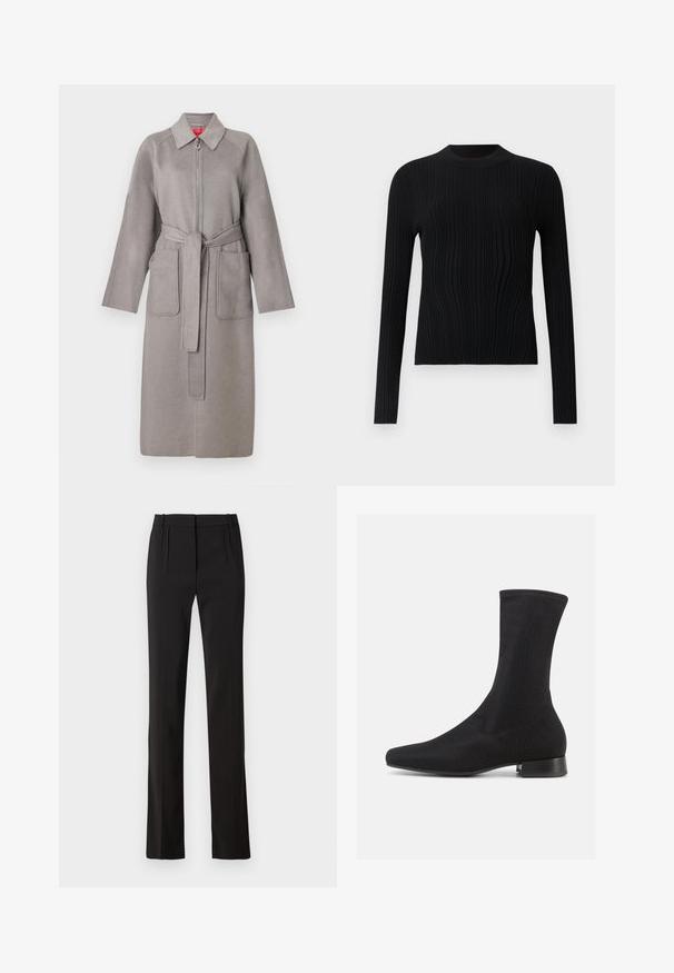 Manteau en laine gris avec fermeture éclair à l'avant, grandes poches plaquées et ceinture amovible. Il présente un col pointu et des manches amples.; Pull-over à longs manches noir à côtes avec un col montant, une silhouette ajustée et une texture en maille verticale fine.; Pantalon noir sur mesure avec une coupe droite, deux plis à l'avant et une texture de tissu lisse. Pas de poches ni de matériel visible.; Bottine noire à tige en tissu lisse et extensible, avec un petit talon empilé. Caractérisée par un bout pointu et un design sans coutures.