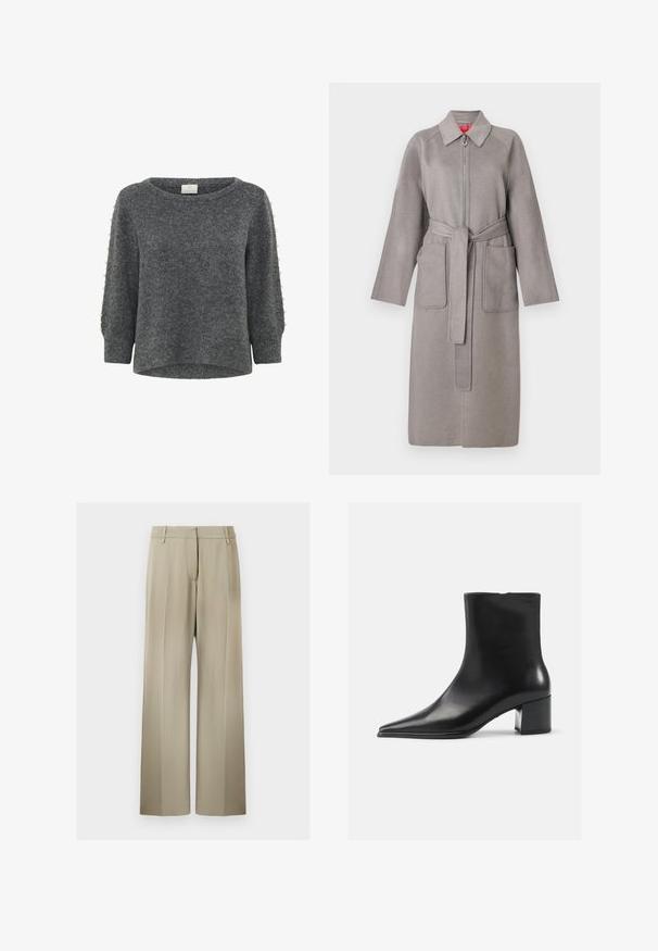 Grijze wollen jas met een rits aan de voorkant, grote opgestikte zakken en een afneembare riem. Heeft een puntige kraag en loszittende mouwen.; Kaffe KABETTY - Trui - grey melange; Wijde broek met een zachte beige stof, voorzien van een flatte voorkant, riemlussen en een gladde textuur. Standaard tailleband zonder zichtbare patronen.; Zwarte leren enkellaars met een spitse neus, een soepele textuur en een middenblokhak. Minimalistisch ontwerp, ritssluiting aan de achterkant.