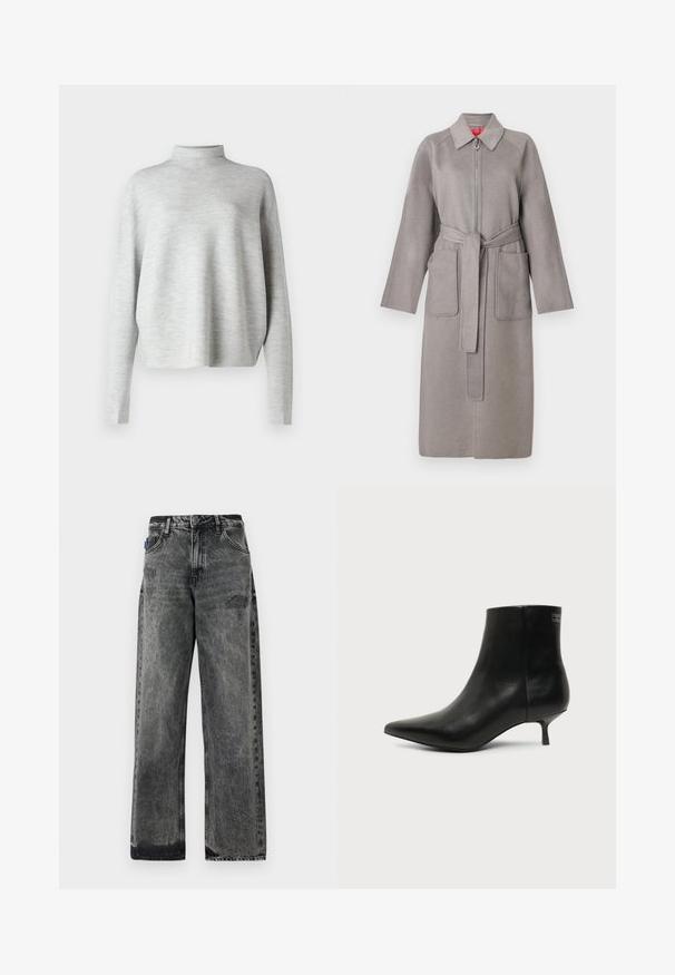 Grå uldfrakke med lynlås foran, store påsyede lommer og aftageligt bælte. Har en spids krave og løstsiddende ærmer.; Lys grå turtleneck sweater, lavet af blødt stof, med lange ærmer og en afslappet pasform, med en glat, fin struktur.; Bredde ben sorte denimjeans med en falmet vask, slidte detaljer foran og standard fem-lomme design.; Sort læder ankelstøvle med spids tå og lav kitten hæl på lys baggrund, der viser yderside.