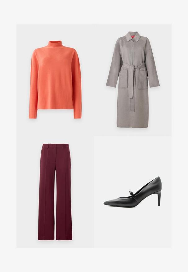 Manteau en laine gris avec fermeture éclair à l'avant, grandes poches plaquées et ceinture amovible. Il présente un col pointu et des manches amples.; Pull en maille corail à manches longues avec col montant et coupe décontractée, présenté sur un fond blanc.; Pantalon large bordeaux en tissu lisse, avec un devant plat, des passants de ceinture et une coupe ajustée avec des plis.; Escarpin noir en cuir à bout pointu avec une fine bride et une boucle sur le cou-de-pied, posé sur un fond clair neutre.