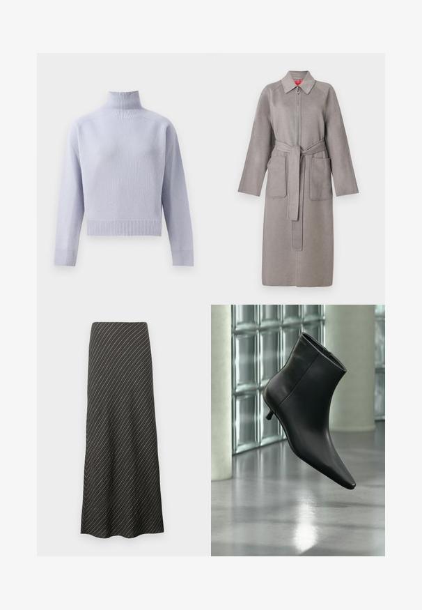 Grå uldfrakke med lynlås foran, store påsyede lommer og aftageligt bælte. Har en spids krave og løstsiddende ærmer.; Lys lilla ribbet turtleneck sweater med lange ærmer og en cropped afslutning, vist på en hvid baggrund.; Sort midi-nederdel med diagonale hvide striber, lavet af et glat stof. Har en udvidet design og en A-formet silhuet.; Sort læderankelstøvle med spids tå og lav kitten-hæ, vist vinklet mod en poleret gulv- og glasblokvæg.