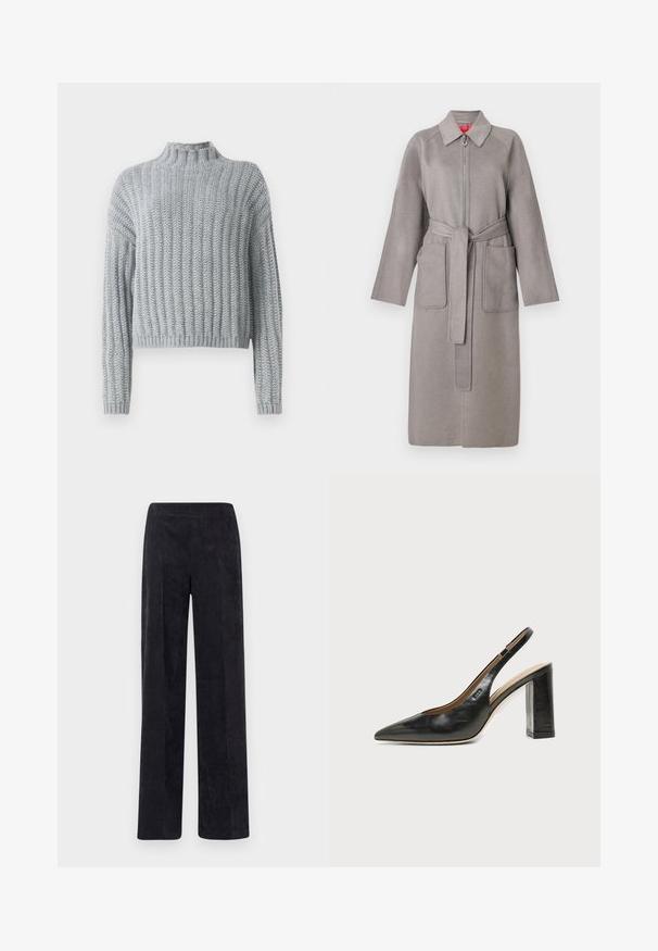 Manteau en laine gris avec fermeture éclair à l'avant, grandes poches plaquées et ceinture amovible. Il présente un col pointu et des manches amples.; Pull en tricot épais gris clair avec un motif en côtes, col montant, manches longues et une coupe légèrement cropped.; Pantalon en velours côtelé gris foncé avec une coupe droite, présentant une surface texturée en côtes et une taille élastique pour plus de confort.; Chaussure slingback en cuir noir à bout pointu avec un talon bloc haut et une doublure intérieure beige sur un fond clair uni.