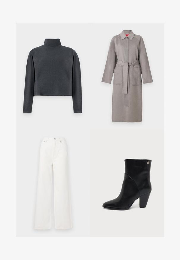 Grå uldfrakke med lynlås foran, store påsyede lommer og aftageligt bælte. Har en spids krave og løstsiddende ærmer.; DRYKORN ASIRAL - Sweatshirt - grey; Hvide højtaljede brede jeans lavet af denim. Har frontlommer, knaplukning og afrivede kantdetaljer.; Sort læderankelstøvle med spids tå, blokhæl og lille gyldent logo nær den øverste kant på ydersiden.