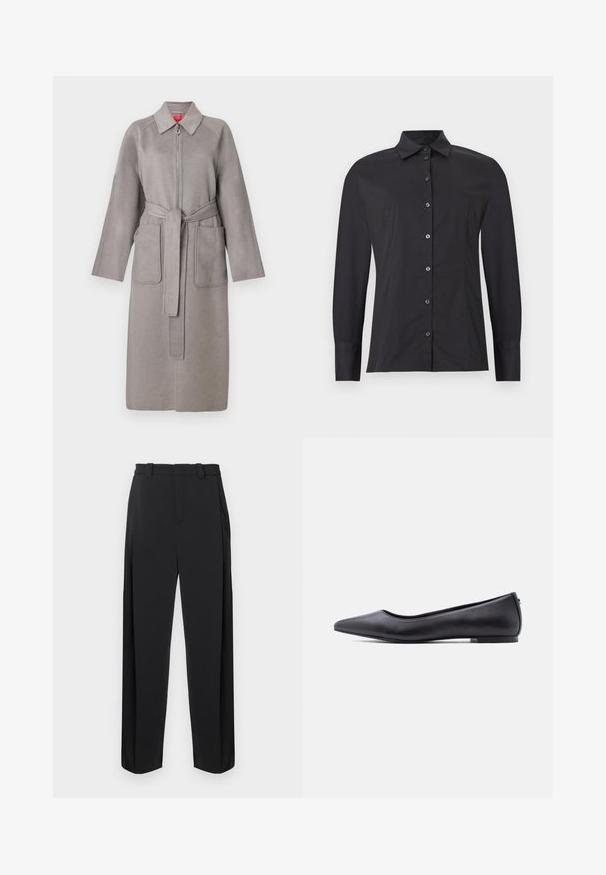 Manteau en laine gris avec fermeture éclair à l'avant, grandes poches plaquées et ceinture amovible. Il présente un col pointu et des manches amples.; Chemise noire à manches longues avec boutons, col classique, coupe slim et détails de coutures sur fond gris clair.; Pantalon noir à taille haute, devant plissé, jambes droites. Confectionné dans un tissu lisse, avec passants de ceinture et poches latérales.; Chaussure plate en cuir noire à bout pointu avec petit talon, vue de profil sur fond blanc.