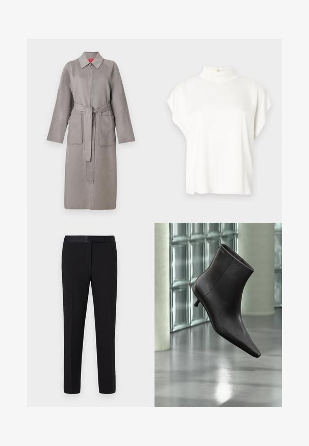 Manteau en laine gris avec fermeture éclair à l'avant, grandes poches plaquées et ceinture amovible. Il présente un col pointu et des manches amples.; Haut blanc à manches courtes avec un col montant, fabriqué en tissu doux. Doté d'un détail de bouton à l'arrière du col. Silhouette simple et décontractée.; Pantalon noir avec une texture lisse, coupe droite et ceinture en satin. Présente des détails minimalistes et aucun motif ou accent visible.; Bottine en cuir noir avec bout pointu et petit talon, présentée devant un mur en blocs de verre et un sol poli.