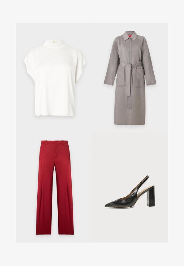 Manteau en laine gris avec fermeture éclair à l'avant, grandes poches plaquées et ceinture amovible. Il présente un col pointu et des manches amples.; Haut blanc à manches courtes avec un col montant, fabriqué en tissu doux. Doté d'un détail de bouton à l'arrière du col. Silhouette simple et décontractée.; Pantalon rouge sur mesure avec une coupe droite, passants pour ceinture et poches latérales. Texture de tissu lisse sans motifs visibles ni éléments métalliques.; Chaussure slingback en cuir noir à bout pointu avec un talon bloc haut et une doublure intérieure beige sur un fond clair uni.