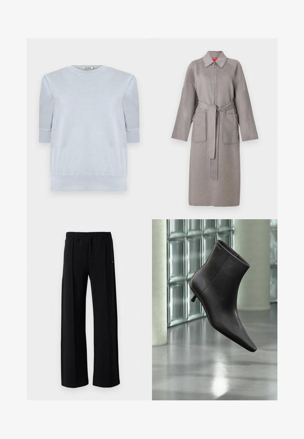 Manteau en laine gris avec fermeture éclair à l'avant, grandes poches plaquées et ceinture amovible. Il présente un col pointu et des manches amples.; Pull-over léger bleu en tissu doux, avec des manches courtes, un col rond et des poignets et un ourlet côtelés. Texture lisse dans l'ensemble.; Pantalons noirs à jambe droite avec taille élastique et un motif texturé subtil sur l'ensemble du tissu sur un fond blanc.; Bottine en cuir noir avec bout pointu et petit talon, présentée devant un mur en blocs de verre et un sol poli.