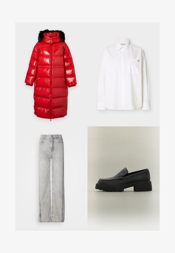 Manteau matelassé rouge brillant avec une capuche ornée de fausse fourrure, manches longues et poignets élastiques. Il présente une fermeture éclair intégrale à l'avant et un design matelassé.; Chemise blanche à manches longues en coton. Elle dispose d'un col pointu, de boutons sur le devant, d'une poche sur le côté gauche de la poitrine, et d'un petit logo brodé.; Jean large en denim bleu clair avec un délavage, doté d'une fermeture éclair, de cinq poches et de coutures contrastantes.; Mocassin en cuir noir avec semelle épaisse, talon bloc et petit logo métallique sur la tige, présenté de profil sur un fond neutre.