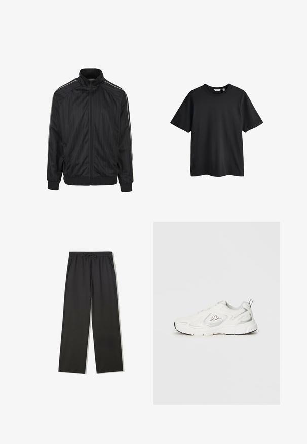 Sort fuldlængde trackjakke med høj krave, subtilt lodret mønster, ribstrikkede manchetter og kant samt tynde hvide striber langs skuldre og ærmer.; Sort kortærmet T-shirt med rund hals og et lille broderet logo på venstre bryst samt en medium stor etiket inde i kraven.; Sorte bukser med elastisk talje, snørebånd og sidelommer, med en afslappet pasform og lige ben.; Hvid atletiksneaker med meshpaneler, snørelukning, sort logo på siden, polstret sål og trækkefane ved hælen.
