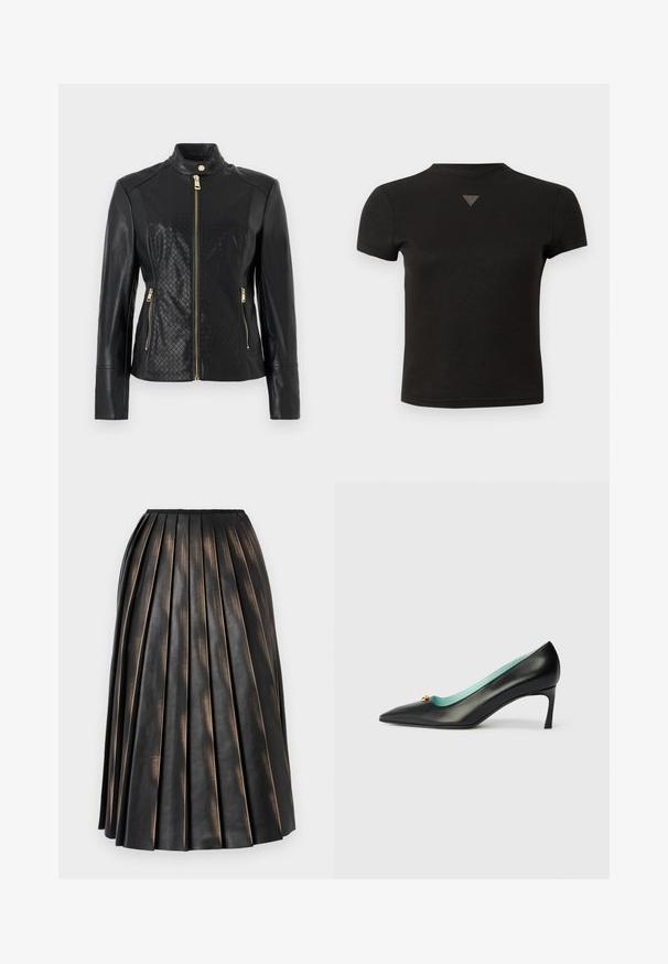 Chaqueta de cuero negra con cremallera frontal, panel con patrón de diamantes, bolsillos laterales con cremallera y cuello con solapa y botón a presión.; Camiseta negra corta con un pequeño detalle triangular de tachuelas en la parte frontal cerca del escote.; Falda midi negra plisada con un acabado ligeramente brillante y texturizado, y un pequeño logo cerca de la cintura.; Zapato de tacón alto de cuero negro con punta afilada, interior azul claro y detalle de acento dorado en la parte superior. Textura suave.