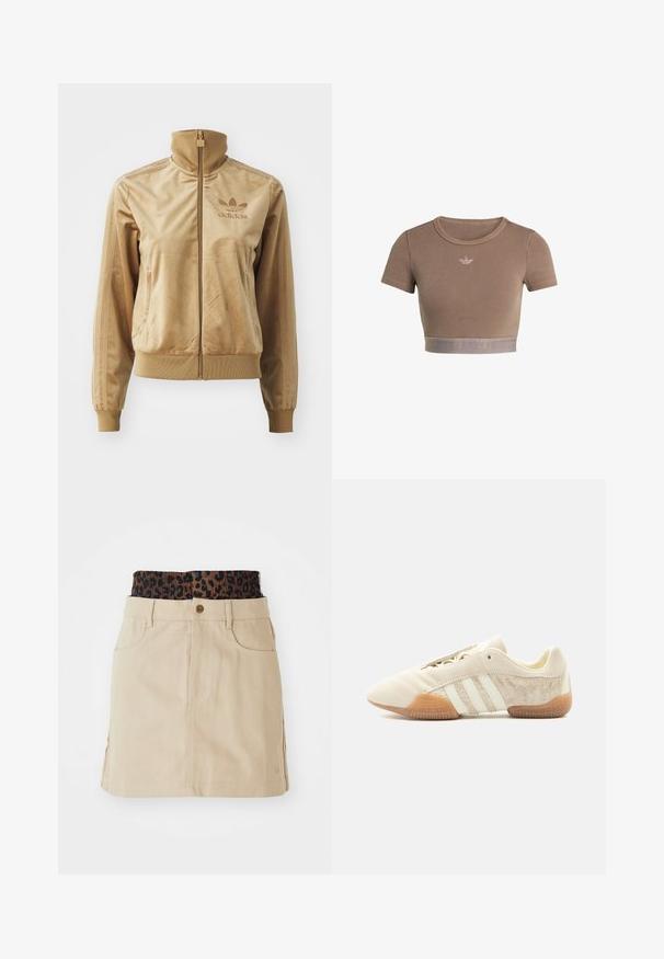 Tan velour zip-up jakke med høj krave. Har ribbede manchetter og kant, sidelommer og broderet logo på brystet.; Brun ribstrikket cropped top med korte ærmer, rund halsudskæring og en tekstureret kant forneden med et diskret logo-mønster.; Tan denim nederdel med en brun leopardmønstret elastisk talje, forlommer og en lige pasform, der har synlige syninger.; Lavprofileret beige sneaker med tre hvide striber, teksturerede ruskindssidepaneler, gummisål og snørelukning på ensfarvet baggrund.