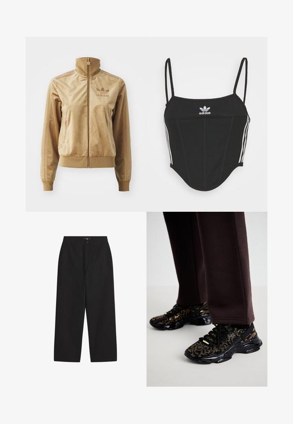 Tan velour zip-up jakke med høj krave. Har ribbede manchetter og kant, sidelommer og broderet logo på brystet.; Sort ribbet crop top med justerbare tynde stropper, der har tre hvide striber på siderne og et lille hvidt Adidas-logo i midten.; Sorte brede bukser lavet af bomuld. Har en knaplukning, to frontlommer og en glat tekstur. Enkel design uden mønstre.; Sorte sneakers med guldprikker, struktureret overflade og en kraftig sort sål. Parret med brune sweatpants, der viser et tætsiddende design.