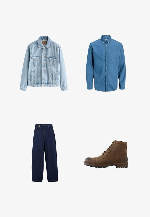 Hellblaues Jeansjacke mit Knopfverschluss, zwei Brustklappentaschen und vertikalen Nahtdetails an Vorderseite und Ärmeln.; Blaue Hemdbluse aus Denim mit Kragen und langen Ärmeln. Schlichte Textur mit sichtbaren Knöpfen auf der Vorderseite.; Lässige, dunkelblaue Denim-Jeans mit hoher Taille, Fronttaschen und geradem Bein. Enthält silberfarbene Hardware und minimalistische Nähte.; Brauner Leder-Stiefel mit Schnürung vorne und robuster Sohle, geeignet für Freizeit- oder Outdoor-Einsätze.