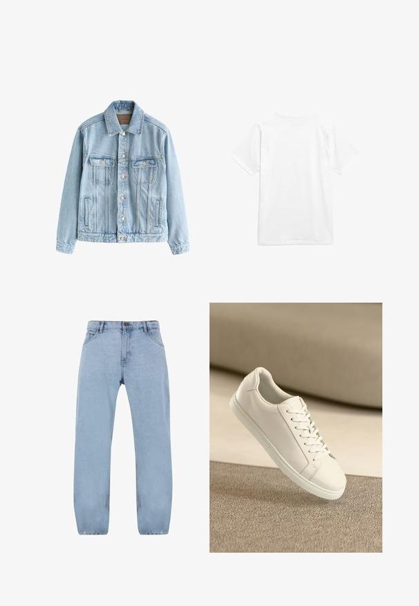 Hellblaues Jeansjacke mit Knopfverschluss, zwei Brustklappentaschen und vertikalen Nahtdetails an Vorderseite und Ärmeln.; Weißes Baumwoll-T-Shirt mit kurzen Ärmeln und Rundhalsausschnitt. Der Stoff wirkt glatt ohne Muster oder sichtbare Hardware.; Hellblaue Denim-Jeans im Straight-Leg-Design, ausgestattet mit vier Taschen, einem Reißverschluss und goldenen Nähdetails.; Weißes Leder Sneaker mit weißen Schnürsenkeln, auf einer beigefarbenen strukturierten Oberfläche präsentiert, und einem sanft verschwommenen Hintergrund.