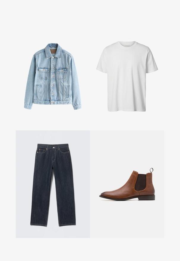 Lyseblå denimjakke med knaplukning, to brystlommer med klapper og lodrette sømdetaljer foran og på ærmerne.; Enkelt hvid T-shirt med korte ærmer og rund hals, løs pasform og uden synlige logoer eller designs foran.; Mørkeblå denimjeans med en lige pasform, bæltestropper, for- og baglommer samt kontrasterende syninger. Ingen synlige mønstre eller pynt.; Zign by Zalando LEATHER - Støvletter - cognac