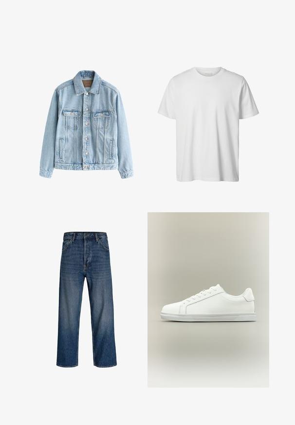 Lyseblå denimjakke med knaplukning, to brystlommer med klapper og lodrette sømdetaljer foran og på ærmerne.; Enkelt hvid T-shirt med korte ærmer og rund hals, løs pasform og uden synlige logoer eller designs foran.; Denim jeans med lige ben-design, mørkeblå farve og subtil udvaskning. Har fem lommer og lukke med knap.; Lavtop hvid sneaker med snørelukning foran og tekstureret gummisål mod en ensartet neutral baggrund.