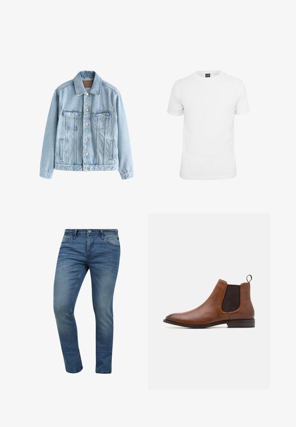 Lyseblå denimjakke med knaplukning, to brystlommer med klapper og lodrette sømdetaljer foran og på ærmerne.; Hvid kortærmet t-shirt, lavet af bomuld, med en klassisk rund hals og en glat tekstur, designet til afslappet brug.; Tætsiddende blå denim jeans med en falmet vask, fem lomme-design og lukning med metalknap. Stoffet har en let tekstur og syninger.; Zign LEATHER - Støvletter - cognac