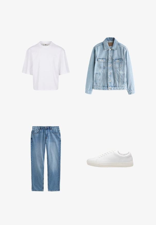 Lyseblå denimjakke med knaplukning, to brystlommer med klapper og lodrette sømdetaljer foran og på ærmerne.; Hvid t-shirt med korte ærmer, der har en rund halsudskæring og en afslappet pasform, lavet af et glat bomuldsblandingsstof. Ingen mønstre eller udsmykninger.; Lyseblå denimjeans med lige ben, fem-lomme design, synlig syning og lynlås. Ingen slid eller mønstre.; Hvide lædersneakers med en glat overflade, rund tå, snørebåndslukning og flad gummisål. Minimalistisk design uden synlige mønstre.