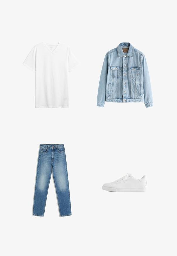 Lyseblå denimjakke med knaplukning, to brystlommer med klapper og lodrette sømdetaljer foran og på ærmerne.; Hvid kortærmet v-hals t-shirt lavet af bomuld. Har en afslappet pasform og en glat tekstur uden synlige mønstre eller grafik.; Blå denimjeans med høj talje, forreste knap og lynlås, to forlommer og falmede områder på lår og knæ.; Hvid lavtop sneakers med snørebånd, glat læderoverdel og flad gummiå sole set fra siden på en hvid baggrund.