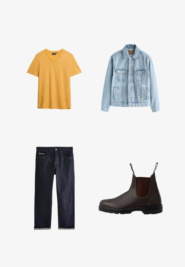 Chaqueta vaquera azul claro con cierre de botones, dos bolsillos de solapa en el pecho y detalles de costuras verticales en la parte delantera y las mangas.; Camiseta amarilla de cuello en V, hecha de una tela suave y texturizada. Mangas cortas y un corte relajado. Presenta una pequeña etiqueta de la marca en el costado inferior.; Vaqueros de mezclilla azul oscuro con puños doblados, cierre de botón y cremallera, bolsillos delanteros y para monedas, y costuras en contraste sobre un fondo blanco.; Bota Chelsea de cuero marrón con panel elástico lateral, costuras marrones, tiradores y suela de goma resistente con un patrón texturizado.