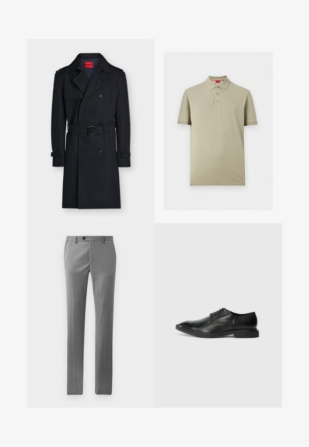 Sort dobbeltradet trenchcoat med bælte, skulderklapper, manchetløkker og synligt rødt "HUGO" mærke inde i kraven.; Lys beige kortærmet polo med tre knapper og et lille "HUGO"-logo på venstre bryst.; Lys grå skræddersyede bukser lavet af glat stof, med lige snit, forcran samt en enkelt knaplukning i taljen.; Sort læder herresko med glat overflade, spids tå, seks snørrehuller og lav, rektangulær hæl. Diskret brandingdetalje på siden.
