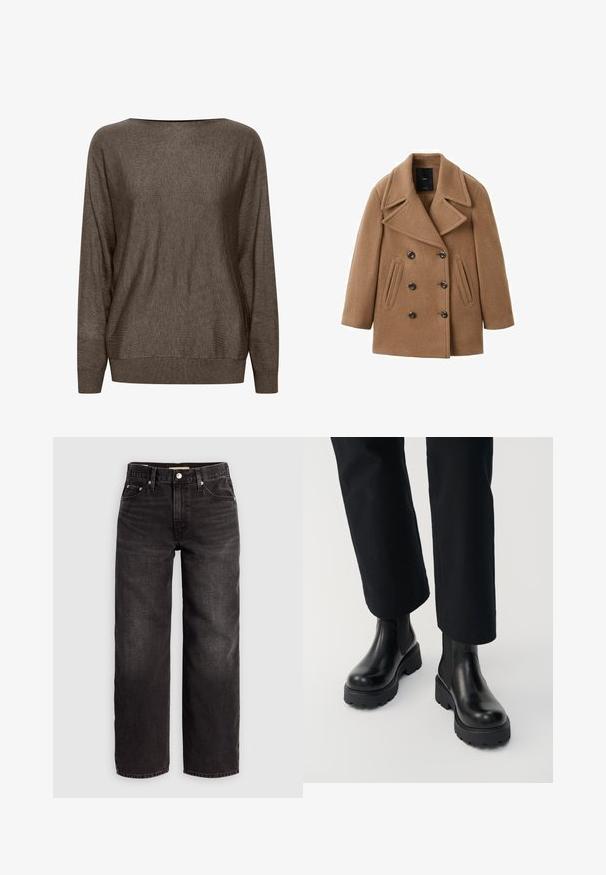Manteau marron à double boutonnage avec de larges revers, fabriqué en tissu texturé. Il comporte deux poches avant et de gros boutons noirs.; Pull en tricot brun avec un large décolleté, des manches longues et des bords côtes au niveau des poignets et de l'ourlet. Texture douce avec un motif minimal.; Levi's® BAGGY DAD - Jean baggy - shrink up; Personne portant des bottines en cuir noir à semelle épaisse, associées à un pantalon noir à jambes droites sur fond blanc.