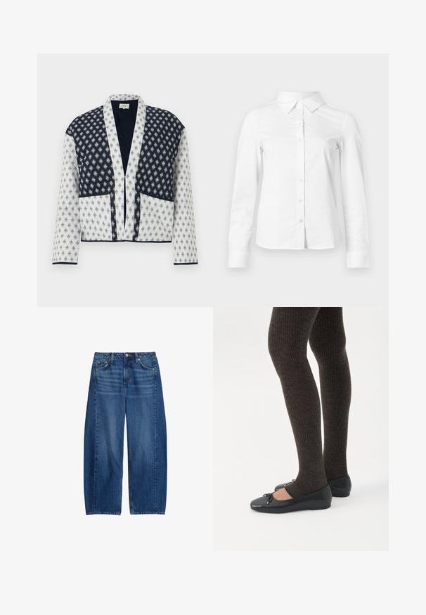Kviltet jakke med et navy og hvidt mønster, der har en dyb V-hals, lange ærmer og to forlommer. Elegant kontrastender.; Hvid skjorte med lange ærmer, knapper, spids krave, lige kant og tætsiddende silhuet, vist på en ensartet lys baggrund.; Bredde ben blå denim jeans med mellemhøj talje, fem lommer og knaplukning. Stoffet har en let tekstur med falmede detaljer.; Ben iført mørke ribbede leggings kombineret med sorte balletsko med små sløjfedetaljer på hvid baggrund.